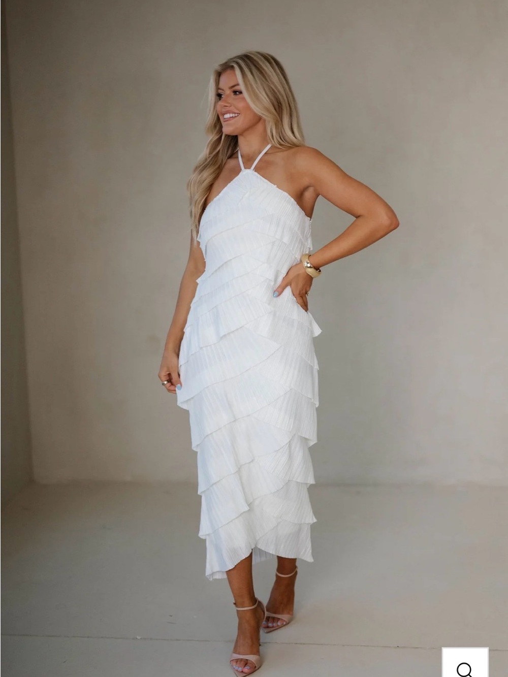 Pleated Halter White Tiered Midi Dress - Women